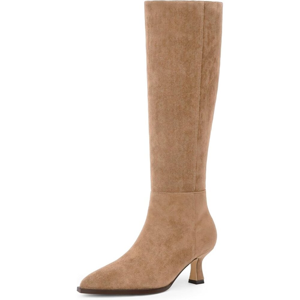 Women's Tan Suede Kitten Low Heel Toe Side Zipper Long Tall Knee High Boots